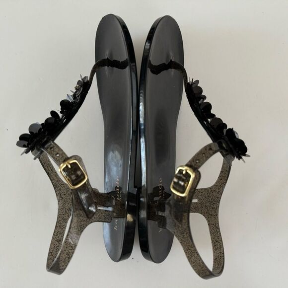 Kate Spade Farrah Black Glitter Jelly Sandals Rhinestones Floral Sz 6 Rubber - Picture 12 of 15